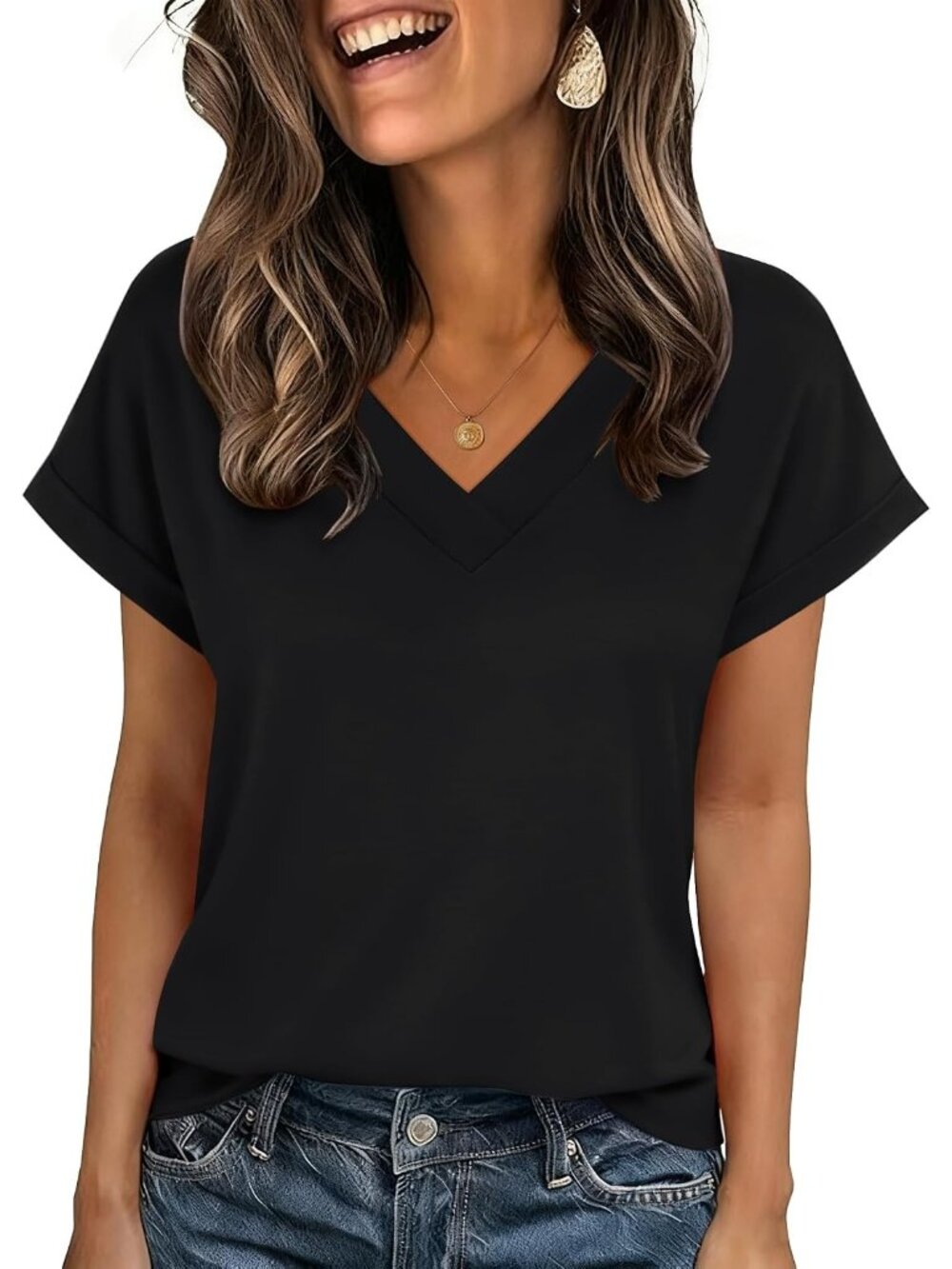 Women's Black Short Sleeve V Neck Basic Tees Shirts Casual Tops Blouses